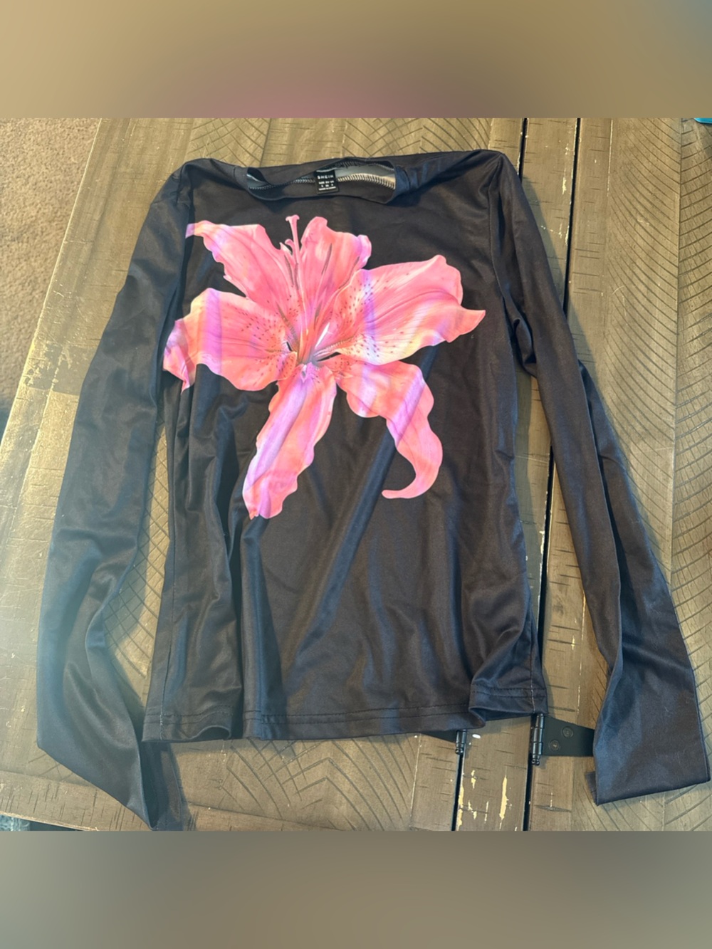 SHEIN Black Long Sleeve Top with Pink Floral Graphic